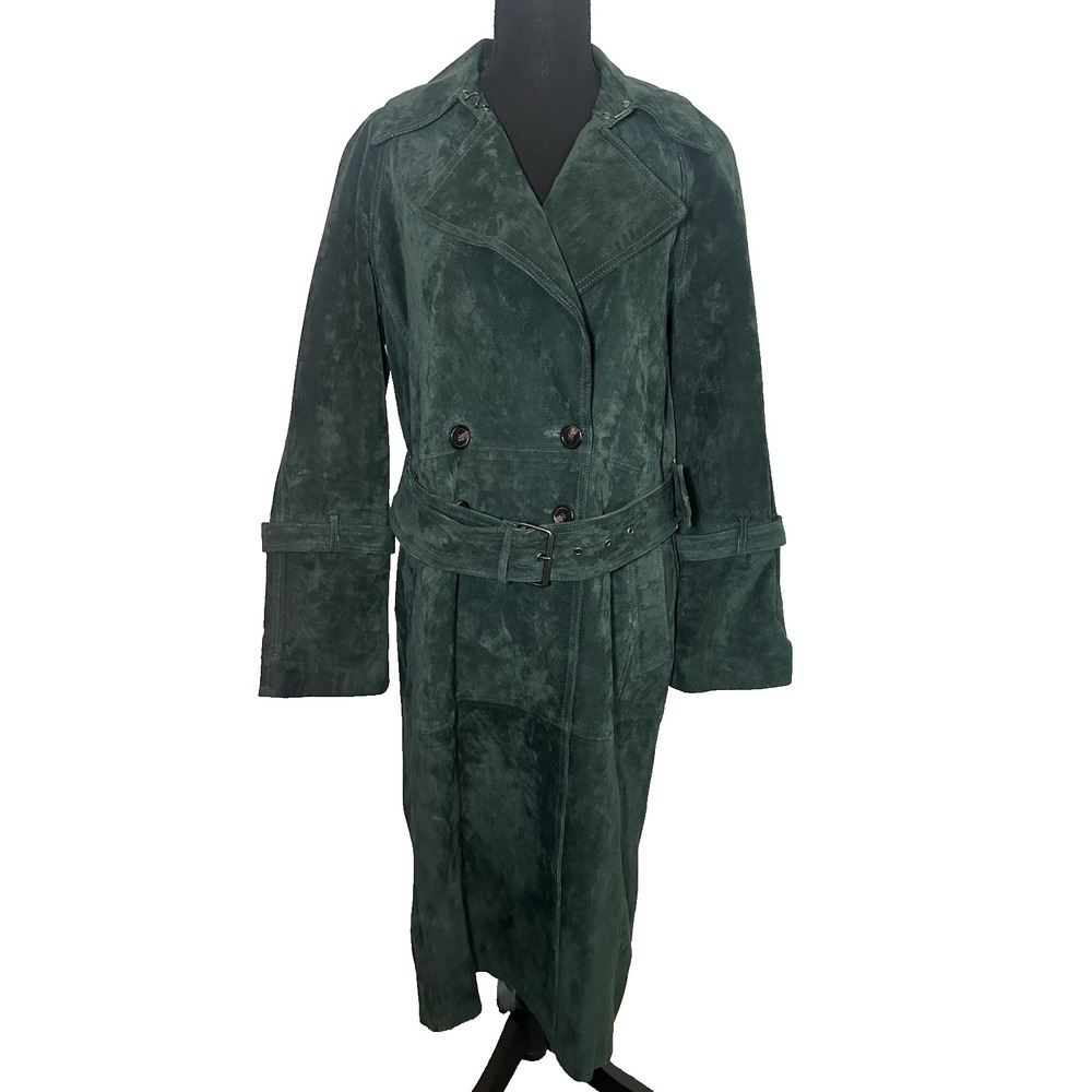 AVEC LES FILLES Foliage Green MEDIUM Genuine Suede Belted Trench Coat Luxury - Picture 2 of 16